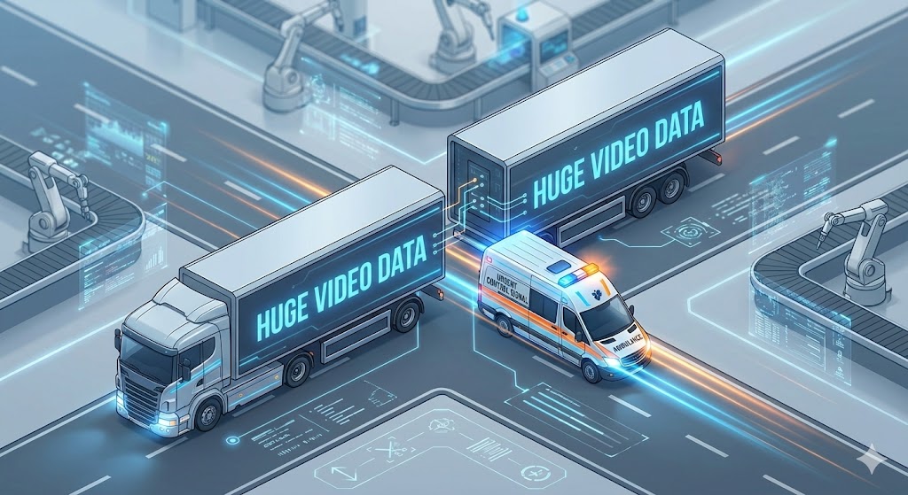 TSNのフレームプリエンプション機能の図解。巨大な画像データ（トラック）を一時中断・分割して、緊急の制御信号（救急車）が割り込んで優先的に通過する様子。