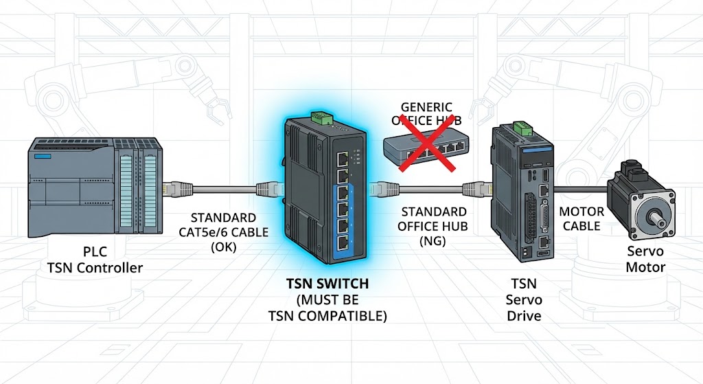 TSNネットワーク導入時の構成図。LANケーブルは標準的なCat5e/6で問題ないが、スイッチングハブは必ずTSN対応品が必要であり、汎用のオフィス用ハブは使用不可であることを示す図。
