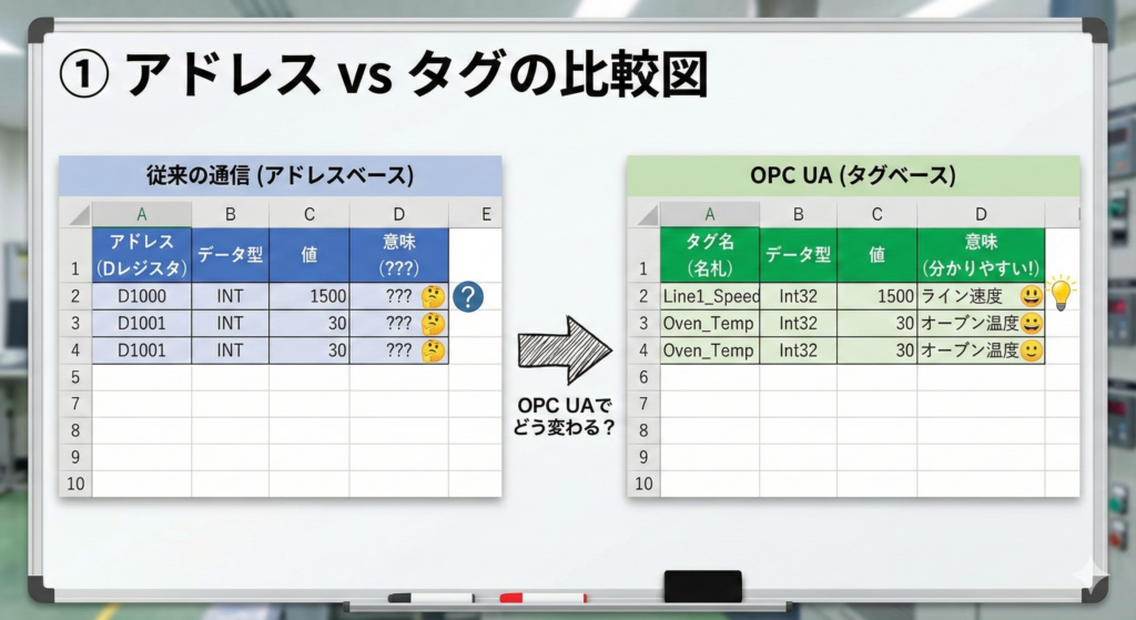 従来のPLC通信（アドレスベース）とOPC UA（タグベース）の違いを比較したExcelイメージ図。Dレジスタ（D1000など）による意味不明なデータ管理と、OPC UAのタグ名（Line1_Speedなど）による「意味がわかる」データ管理の可読性の違いを対比。