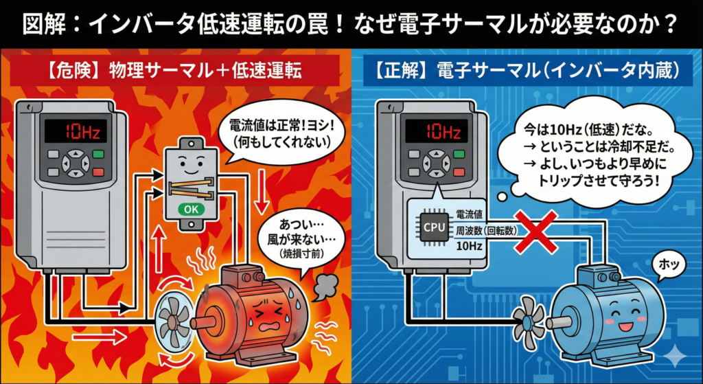 図解：物理サーマルは「風不足」を見抜けない！ インバータ内蔵の電子サーマルなら、回転数を見て守ってくれる。