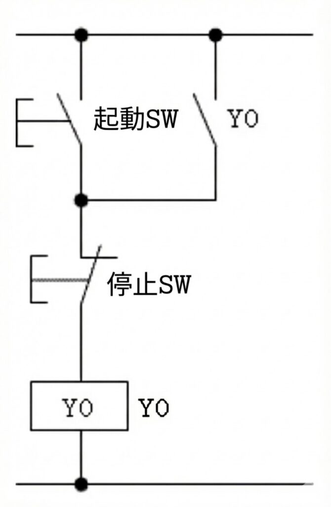 リレーシーケンスにおける「自己保持回路」の基本回路図。起動ボタン（a接点）と停止ボタン（b接点）、そしてリレーコイルとそのa接点を使用したラッチ回路の構成図。