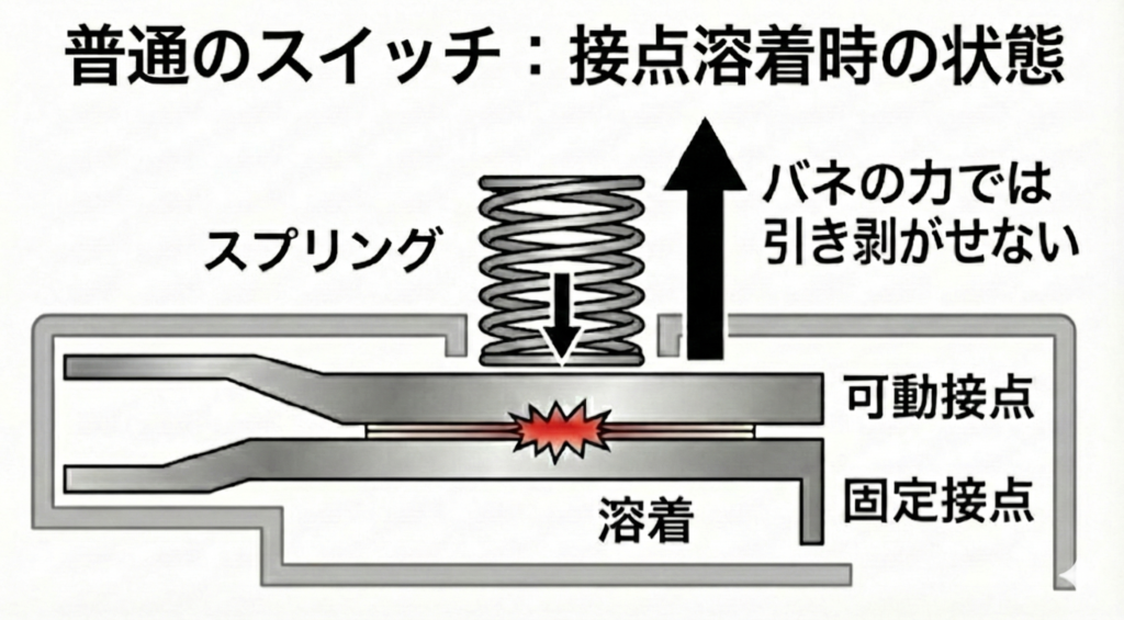 一般的なスイッチにおいて接点溶着が発生した際の危険性を示す図。接点がアーク等で溶接されてしまうと、内蔵スプリング（バネ）の力だけでは引き剥がすことができず、回路が遮断できない（OFFにならない）状態の断面図。