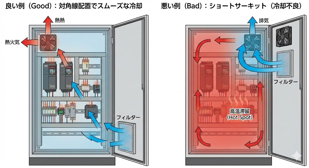 冷却ファンの配置による空気の流れ比較図。左側（Good）は吸気と排気を対角線上に配置し、スムーズな冷却を実現。右側（Bad）は吸排気が近く、ショートサーキットが発生して熱だまり（ホットスポット）ができている悪い例。
