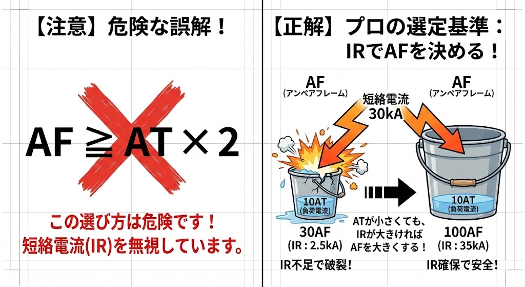 【注意】ブレーカーのアンペアフレーム（AF）選定における危険な誤解と正解。「AFはATの2倍あれば良い」という選び方は短絡電流（IR）を無視しており危険。正しくは、バケツの大きさに例えられるように、短絡電流（30kAなど）を受け止められる物理的な容量（AF）を確保する必要があることを解説。