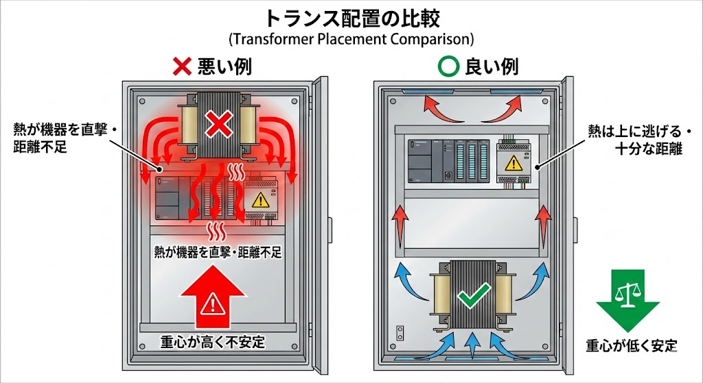 制御盤内のトランス配置比較 熱対策と重心の安定