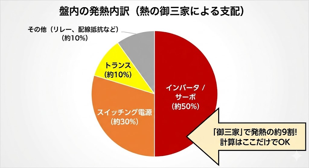制御盤内の発熱源内訳を示す円グラフ。インバータ・サーボ（約50%）、スイッチング電源（約30%）、トランス（約10%）の「熱の御三家」だけで全体の約9割を占めることを示し、細かい計算を省略できる根拠を図示。