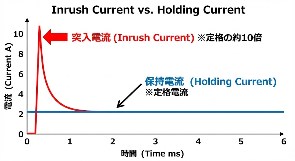 トランスの突入電流と保持電流の比較グラフ