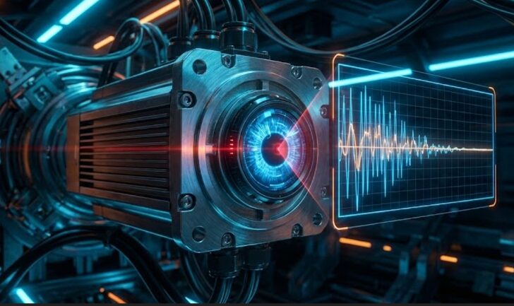 【基礎】なぜサーボは「指定位置」でピタッと止まれるのか？ インバータとは決定的に違う「フィードバック制御」の仕組み。エンコーダ（目）を持ち、波形を見ながら精密に位置決めを行うサーボモーターの近未来的なイメージイラスト。