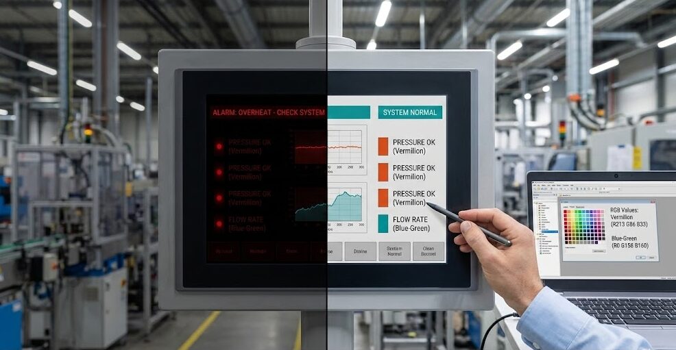 HMI画面の黒背景（見にくい）とライトグレー背景（見やすいUD配色）の比較イメージ