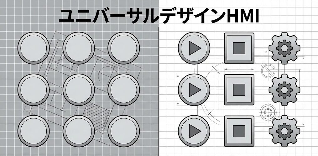 【完結編】色に頼るな、形で伝えろ。「モノクロ印刷」でも伝わるFA画面デザインの極意。左側は色だけに頼ったボタンがモノクロ環境では区別不能になるNG例。右側は「再生（▶）」「停止（■）」「設定（歯車）」などのアイコン（形）を併用することで、色がなくても機能が一目でわかるユニバーサルデザインHMIのOK例。