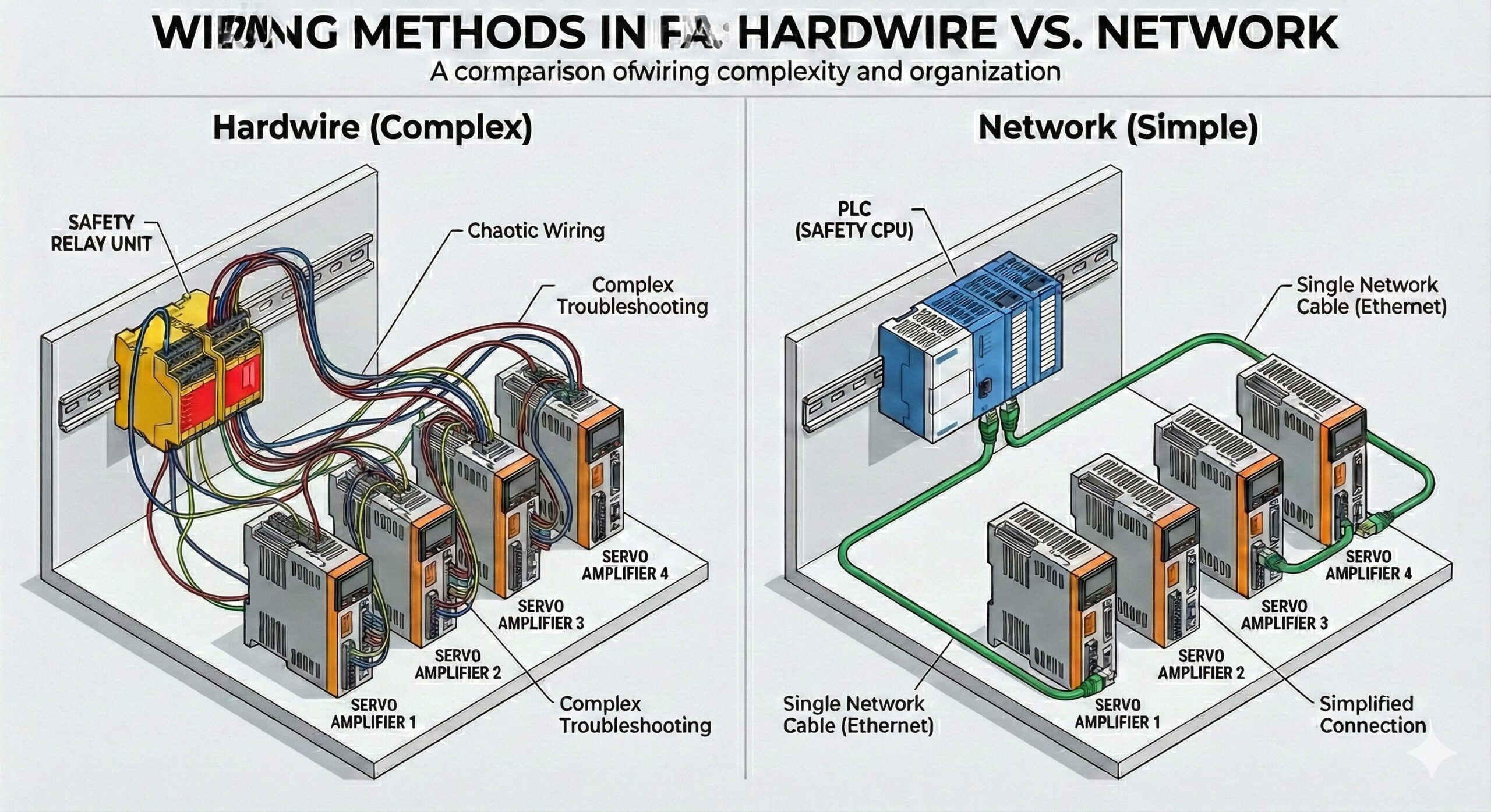 安全回路の配線比較図：従来のリレー方式（複雑なスパゲッティ配線）とMR-J5ネットワーク方式（LANケーブル1本）の違い