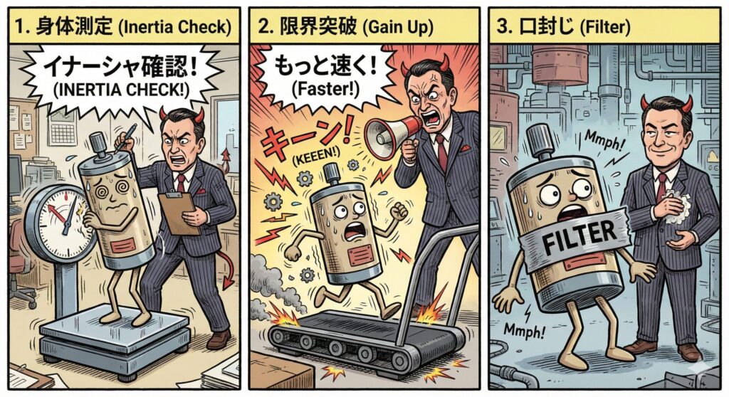 MR-J5ワンタッチ調整の仕組み図解：鬼コンサルによるイナーシャ推定・ゲインアップ・フィルタ設定の3ステップ漫画