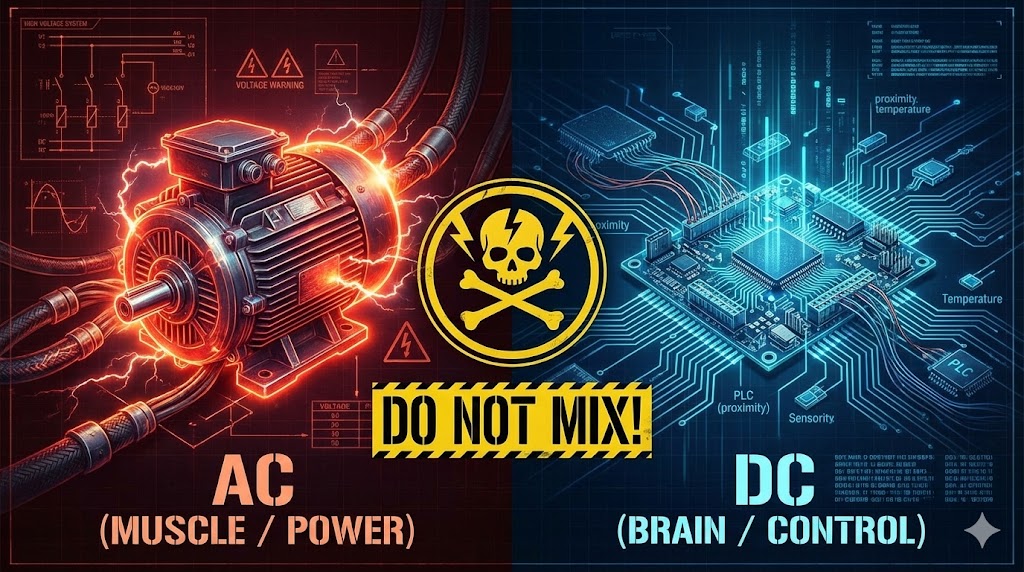 AC（交流）を激流、DC（直流）を整流に例えた対比イラスト。中央に警告マークがあり、混ぜると危険であることを示している。