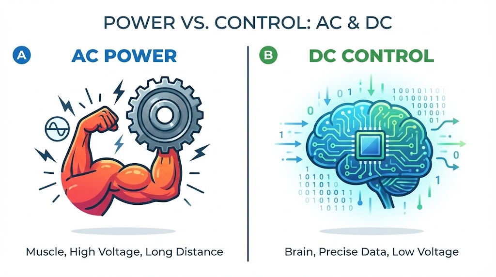 AC電源を「筋肉（パワー）」、DC電源を「脳（制御）」に例えた図解イラスト。役割の違いを視覚的に表現。