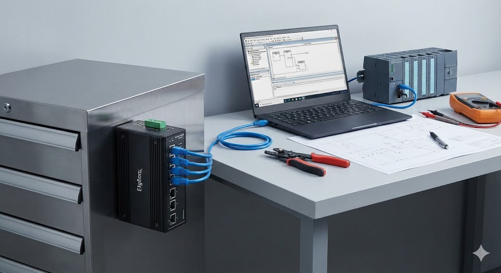 デスクの金属キャビネットにマグネットで固定されたバッファロー製スイッチングハブ。PLCデバッグ作業環境のセットアップ例。