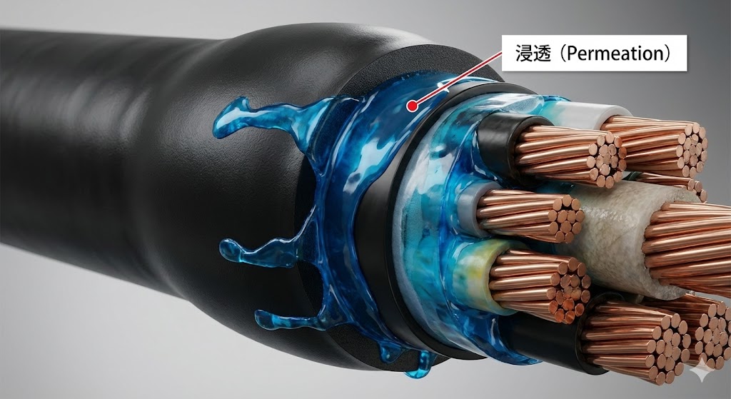 水溶性クーラントによるケーブル劣化の断面図。外側の被覆(シース)を透過して、内部の絶縁体や導体まで切削油が浸透しているイメージ。