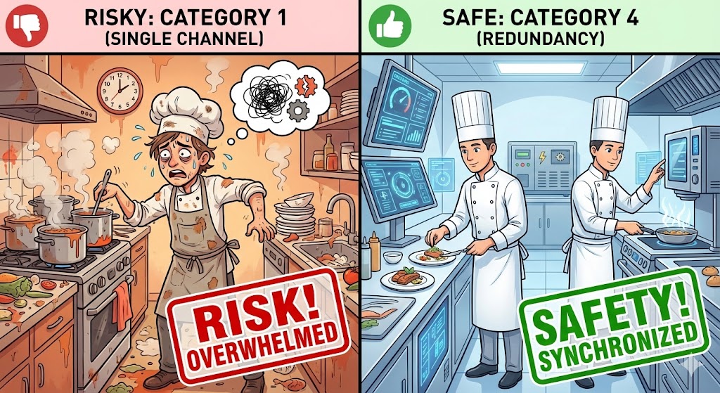 ISO 13849-1 カテゴリ1（ワンオペ・シングルチャネル）のリスクと、カテゴリ4（二重化・冗長化）の安全性を比較したシェフのイラスト。