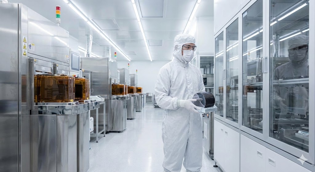 半導体工場のクリーンルームで無塵衣（クリーンスーツ）を着用した作業者