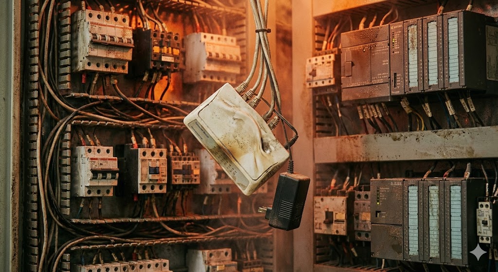 制御盤内の過酷な環境で劣化し、ぶら下がっている家庭用スイッチングハブ。熱やホコリによる故障リスクのイメージ。