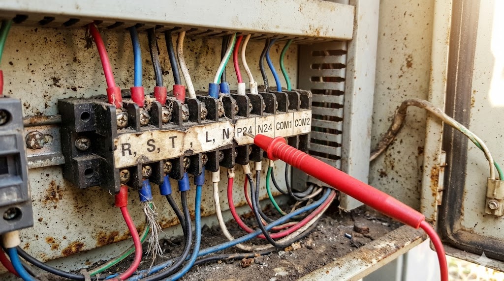 制御盤内の端子台の実写イメージ。ACを示すRSTや、DCを示す24Vなどの記号が混在しており、文字情報の確認が必須であることを示している。