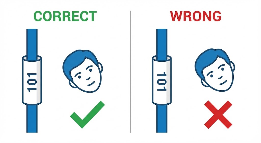 制御盤の縦配線におけるマークチューブの正しい文字の向き（下から上）と、首を傾ける方向の図解。JIS規格準拠。