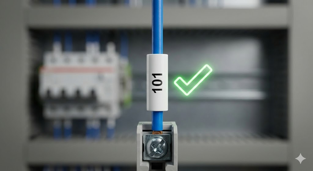 制御盤内の垂直配線において、マークチューブの文字（101）が「下から上」へ正しく印字されている様子。