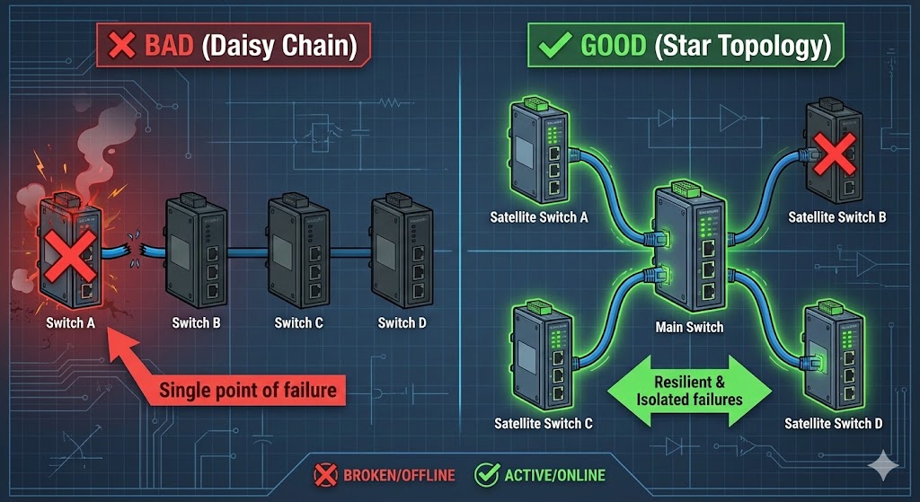 ネットワーク構成の比較図解。左側はハブを数珠つなぎにして1台の故障で全滅する「悪い例」、右側はスター配線でリスクを分散する「良い例」。