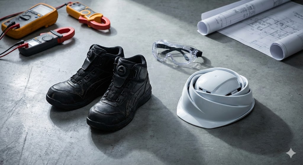 コンクリートの床に整然と並べられた電気設計者の必須安全装備（アシックスのハイカット安全靴、折りたたみヘルメット、オーバーグラス保護メガネ）