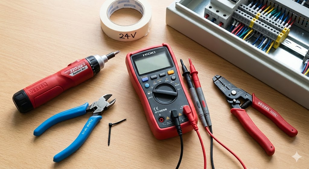 新人電気設計者の必須ツール（HIOKIテスター、ベッセル電ドラボール、フジ矢キャッチニッパ、ワイヤーストリッパー、マスキングテープ）が作業台に並べられた写真