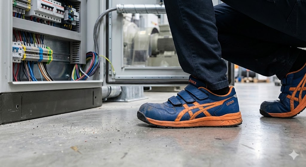 開いた制御盤の前でしゃがんで作業する電気エンジニアの足元と、動きやすいローカットの安全靴