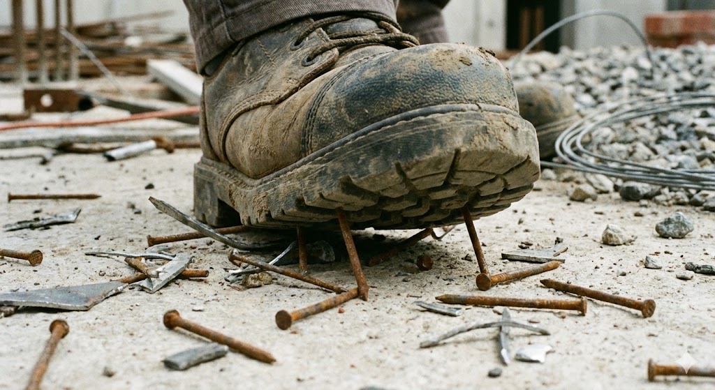 現場の床に散乱した釘や金属片を踏んでも足を守る頑丈な安全靴