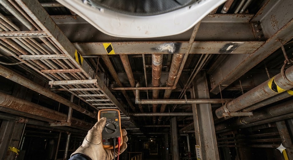 工場内の低い配管やラックの下で作業するエンジニアとヘルメットの重要性