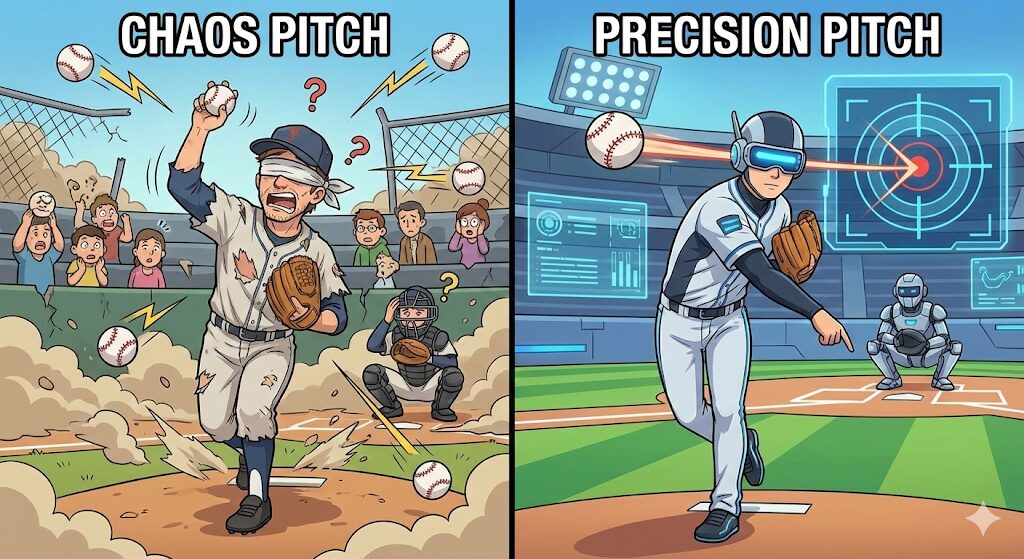 インバータ（オープンループ制御）とサーボ（クローズドループ制御）の違いを野球に例えたイラスト。左側は目隠しをして結果が見えていない「インバータ（CHAOS PITCH）」、右側はハイテクなゴーグルで的（指令位置）を正確に狙いフィードバックしている「サーボ（PRECISION PITCH）」。