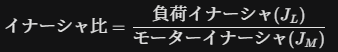   サーボモーター選定や調整で重要となる「イナーシャ比」の計算式。イナーシャ比 ＝ 負荷イナーシャ($J_L$) ÷ モーターイナーシャ($J_M$) であることを示す数式。