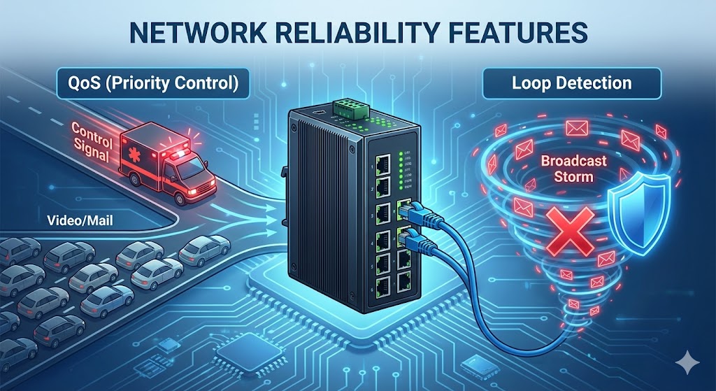 産業用ハブの仕組み図解。QoS機能で重要な制御信号（救急車）を優先し、ループ検知機能で配線ミスによるデータ通信の嵐（ブロードキャストストーム）を防ぐ様子。