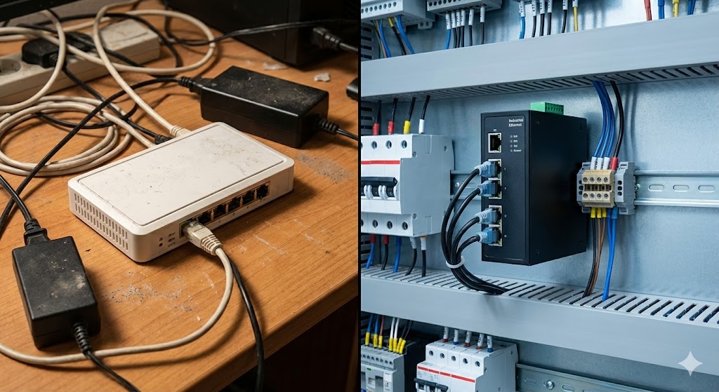 産業用スイッチングハブと家庭用ハブの比較。金属筐体の堅牢な産業用モデルと、プラスチック製の安価な民生用モデルの違い。