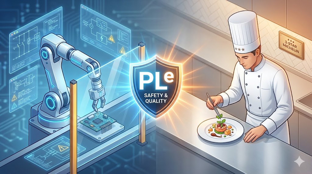 ISO 13849-1 機械安全と料理の比喩。ロボットアーム（安全設計）と三ツ星シェフ（高品質なプロセス）がPL e（最高ランク）を目指すイメージイラスト。