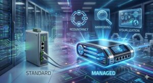 マネージドスイッチとアンマネージドスイッチの比較イメージ。マネージドスイッチには「リング構成」「ポートミラーリング」「遠隔監視」の3つの高度な機能が備わっていることを表現。