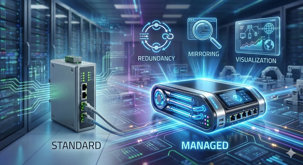 マネージドスイッチとアンマネージドスイッチの比較イメージ。マネージドスイッチには「リング構成」「ポートミラーリング」「遠隔監視」の3つの高度な機能が備わっていることを表現。