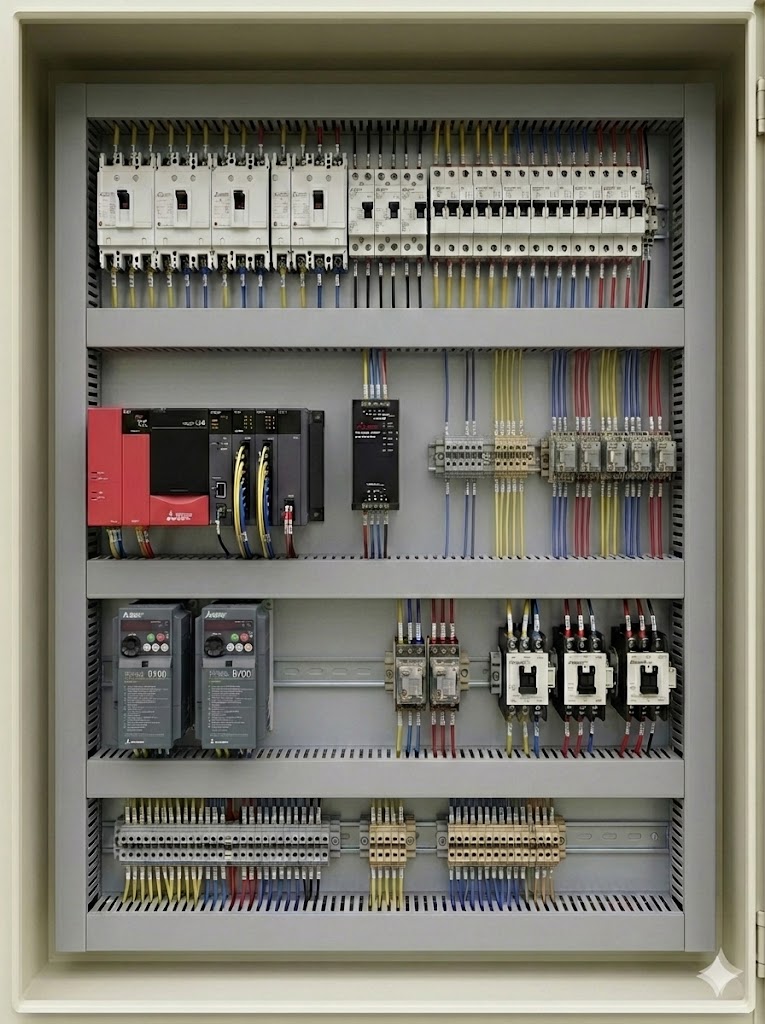 上段にブレーカー、中段に三菱電機製PLC（iQ-Rシリーズ）やインバータ、下段に端子台が整然と配置された制御盤の内部写真