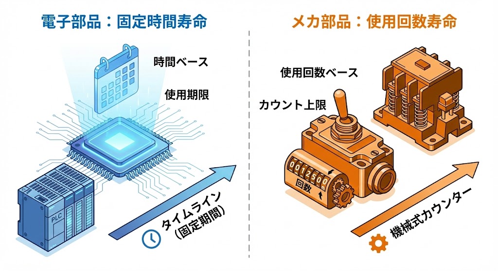 MTTFdの寿命表記の違い。電子部品（カレンダー・年数）とメカニカル部品（オドメーター・回数・B10d）の比較イメージ。