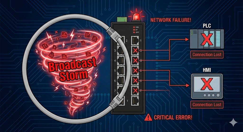 ネットワークループによるブロードキャストストームの図解。ハブのポート間でケーブルがループし、データが無限に増殖して嵐となり、PLCなどの機器が通信不能になる様子