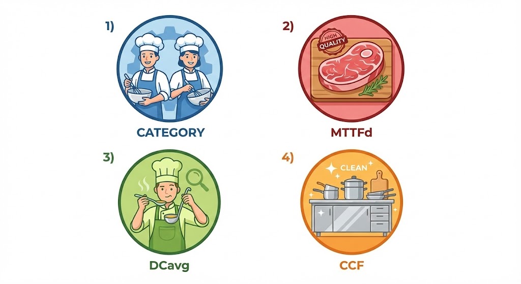 PL（パフォーマンスレベル）を決定する4つのパラメータ（カテゴリ、MTTFd、DCavg、CCF）を料理（シェフ、肉、味見、キッチン）に例えたアイコン図解。