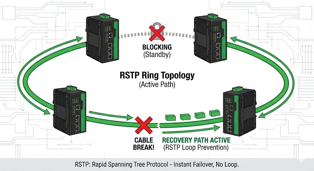 リング構成（RSTP）の冗長化メカニズム図解。通常時はループしないよう一部を遮断しておき、断線トラブル発生時に瞬時に予備ルートを開通させる仕組み。