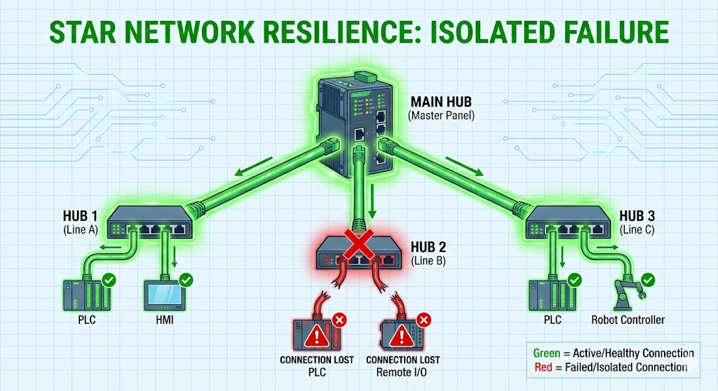 スター配線（スター型トポロジー）の図解。中央の親ハブから各子ハブへ放射状に接続されている。一つの子ハブ（ラインB）が故障しても、他の子ハブ（ラインA、C）は影響を受けずに正常稼働している様子（リスク分散）。