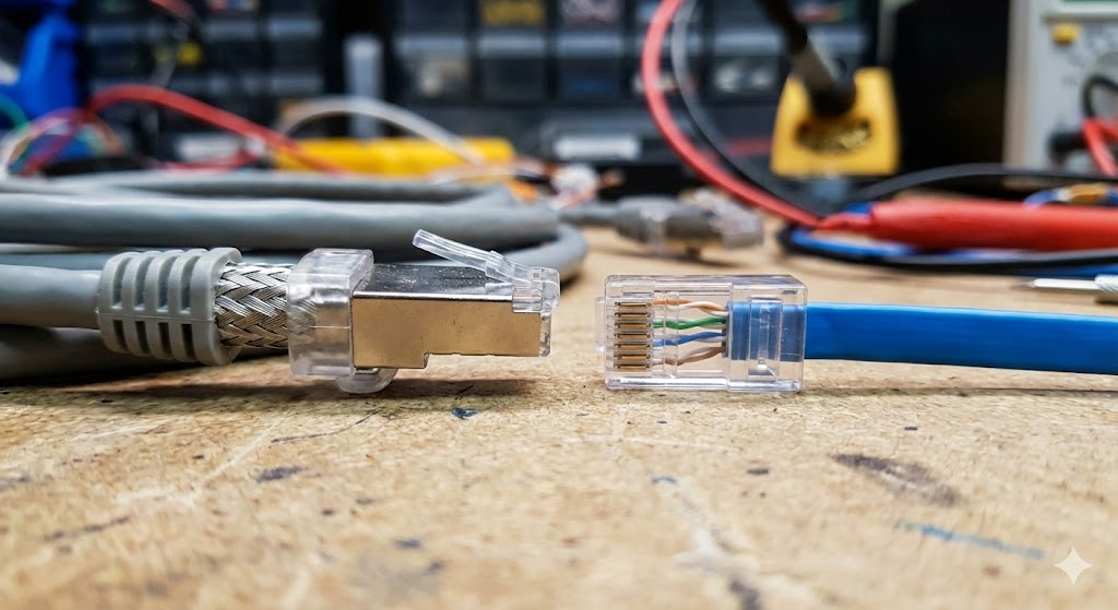 LANケーブルのコネクタ比較。左側は金属シールドがある産業用STPケーブル、右側はプラスチックのみの家庭用UTPケーブル。