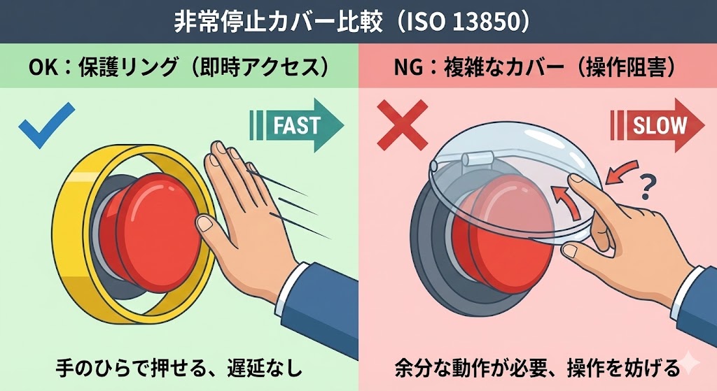 非常停止ボタンの誤操作防止対策の比較図。左側はISO適合のスイッチガード(保護シュラウド)で即時の手のひら操作が可能(OK)。右側は操作を阻害する全面カバーや帽子型のフタ(NG)。