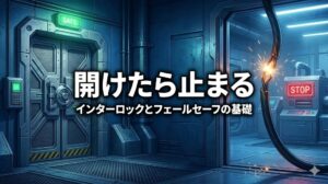 【機械安全③】インターロックとフェールセーフの基礎。「開けたら止まる」をどう設計するか？重厚な安全扉のロック機構と、断線しても停止信号を送る配線のイメージで、物理的な防護と電気的な制御の連携を表現したアイキャッチ画像。