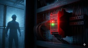 【機器選定】「あの赤い箱」なら安全？暗い制御盤内で赤く発光するセーフティリレーユニットのイメージ画像。初心者が陥りやすい選定と配線の落とし穴を警告するアイキャッチ。