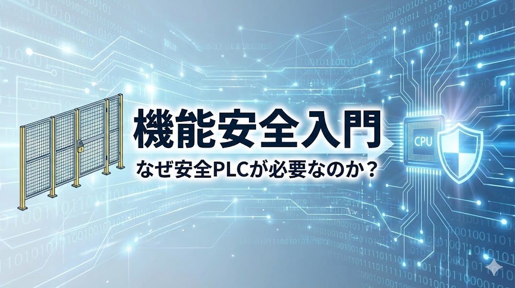 【機能安全入門】なぜ安全PLCが必要なのか？左側の物理的なフェンス（機械安全）と、右側のCPUシールドで守られた制御システム（機能安全）を並べ、IEC 61508に基づく制御設計の重要性を訴えるアイキャッチ画像。